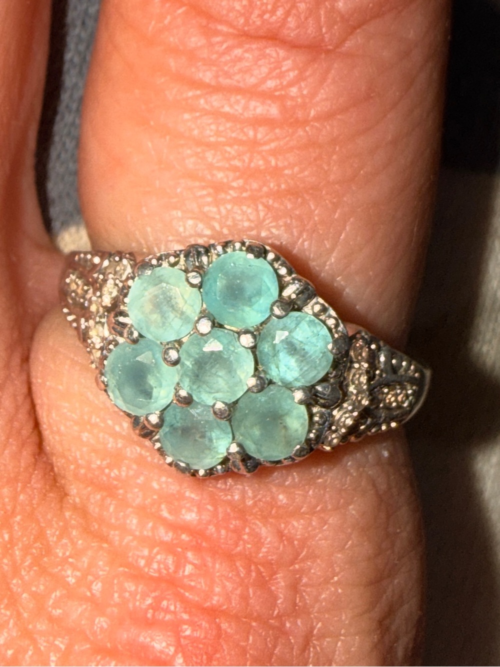 ✨Rare ✨925 Sterling Silver Grandidierite & Diamond Flower Cluster Ring Sz8 - Picture 5 of 17